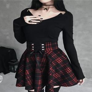 블랙 체크 무늬 여성 고딕 스커트 여성 Pleated 격자 무늬 스커트 봄 가을 소녀 힙합 여성 펑크 고스 미니 스커트 Clubwear