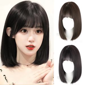 ALXNAN 여성용 짧은 스트레이트 합성 가발, 앞머리 있는 천연 블랙 밥 가발, 데일리 코스프레 파티, 내열성 가짜 머리카락
