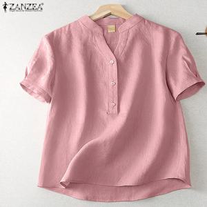 ZANZEA 여름 우아한 루즈 슈미즈 코튼 블라우스 빈티지 OL 작업 튜닉 탑 여성 캐주얼 솔리드 셔츠 V 넥 반소매 블라우스