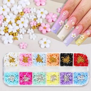 Preals 및 캐비어 비즈가 포함된 12가지 색상 3D 꽃 네일 참 여성과 소녀를 위한 DIY 네일 아트 디자인
