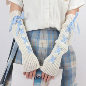 2024 여성 가을 ​​겨울 니트 팔 슬리브 일본 흰색 고스 카와이 로리타 핑거리스 장갑 레그 워머 하라주쿠 스타킹