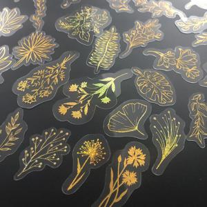 80 Pcs 반짝이 골드 스티커 식물 꽃, 방수 투명 장식 데칼, 애완 동물 접착 스티커 라벨