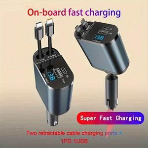 120/66w 4 IN 1 개폐식 차량용 충전기 휴대 전화 USB PD 유형 C 케이블 iPhone 고속 충전 코드 담배 라이터 QC 어댑터