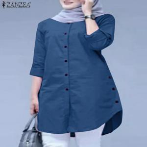 ZANZEA 용수철 무슬림 히잡 블라우스, 긴팔 O넥 상의, 우아한 아바야 터키 카프탄 이슬람 의류, 여성 패션 롱 셔츠
