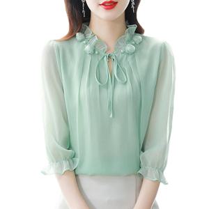 M-4XL 봄 여름 여성 탑 2024 새로운 패션 쉬폰 블라우스 꽃잎 칼라 하프 슬리브 보우 타이 루즈 캐주얼 셔츠