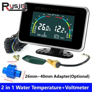 10mm 온도 센서가있는 2 IN 1 LCD 게이지 전압계 볼트 수온 게이지 12V/24V 자동차 트럭 용 26 ~ 40mm 어댑터 (옵션)