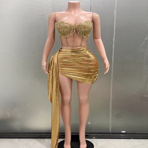 골드 컬러 여성 섹시한 2 조각 Strapless Bodycon 미니 드레스 바 가수 나이트 클럽 파티 축하 생일 드레스 도매