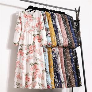 봄 여름 여성 맥시 드레스 캐주얼 풀 슬리브 꽃 프린트 오-넥 여성 Bohe 비치 파티 롱 드레스 Mujer Vestidos
