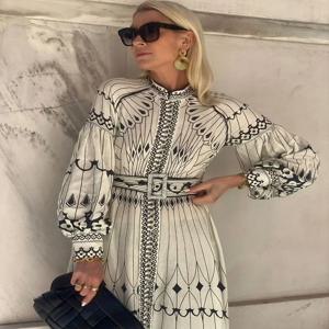 레트로 우아한 스탠드 칼라 롱 드레스 여성 봄 패턴 인쇄 벨트 버클 파티 드레스 가을 긴 소매 a 라인 Boho 드레스