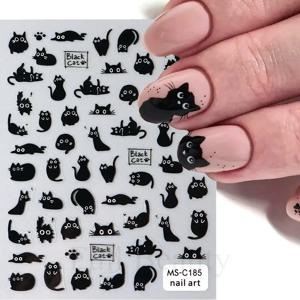 2pcs 검은 고양이 네일 스티커 3D 귀여운 만화 동물 3D 자기 접착 네일 아트 데칼 슬라이더 장식 매니큐어 액세서리