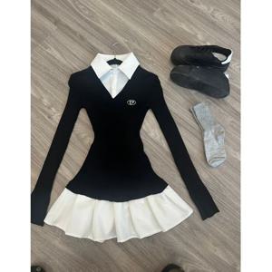 봄 미국 빈티지 셔츠 Pleated 드레스 여성 의류 슬림 맞는 폴로 넥 긴 소매 울 블랙 짧은 파티 드레스 한국어