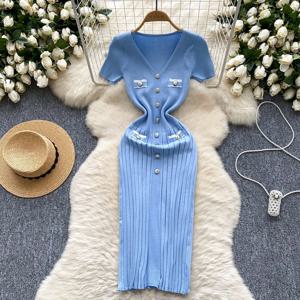 YuooMuoo 세련된 패션 섹시한 랩 엉덩이 니트 드레스 여성 v 넥 짧은 소매 Bodycon Pleated 스웨터 드레스 Office Lady Vestios