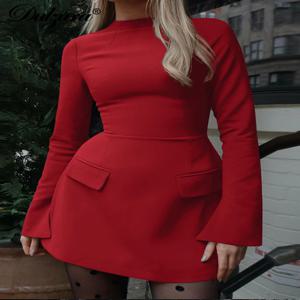 Dulzura 긴 소매 지퍼 Bodycon 미니 드레스 포켓 솔리드 우아한 복장 사무실 streetwear 여성 가을 ​​겨울 의류