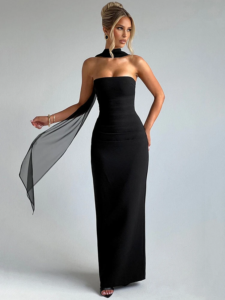 Mozision 스카프 칼라 Strapless 섹시한 맥시 드레스 여성을위한 패션 오프 어깨 Backless Bodycon 클럽 파티 긴 드레스 우아한