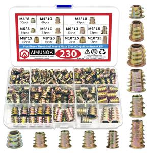 130/230pcs 스레드 인서트 너트, 스레드 우드 인서트 너트 모음 도구 키트, 11 크기 미터법 M4/M5/M6/M8/M10 육각 소켓 Dri