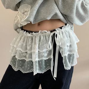 한국어 패션 레이스 불규칙 스커트 커튼 흰색 꽃 레이스 메쉬 하프 바디 스커트 여성 여름 바지 청바지 장식 헴 라인