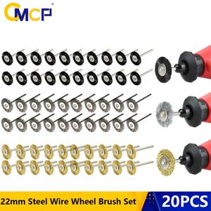 CMCP 10/20pcs 와이어 휠 브러쉬 세트 22mm 황동/강철/나일론 연마 도구 Dremel 액세서리 용 3.0mm 생크 로타리 도구