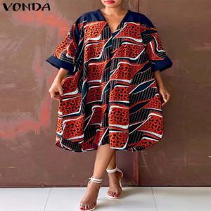 플러스 사이즈 5XL 여성 드레스 2024 VONDA 여름 V 넥 파티 Sundress 섹시한 하프 슬리브 보헤미안 프린트 드레스 Vestidos Loose Robe