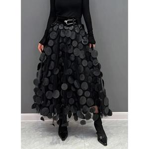 여성 폴카 도트 3D 디자인 Tulle 메쉬 스커트 빈티지 탄성 허리 긴 a 라인 투투 스커트