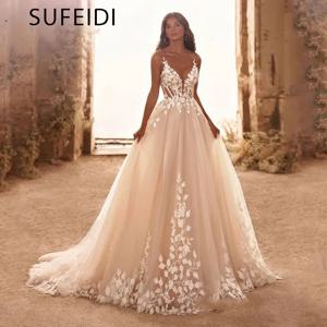 우아한 v 넥 웨딩 드레스 스파게티 스트랩 아플리케 코르셋 Boho Tulle Bridal 가운 레이스 바닥 길이 Vestidos De Novia