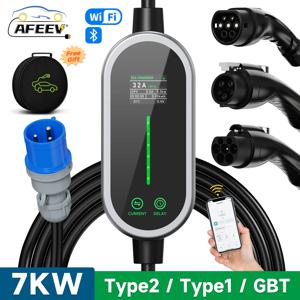 AFEEV 7KW 32A 1상 휴대용 EV 충전기 유형 2 Wallbox 유형 1/GBT EVSE 고속 충전 케이블 CEE 플러그 WiFi APP Bluetooth 제어