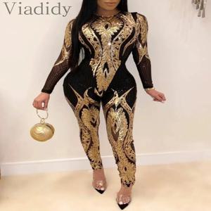 여성 섹시한 쉬어 메쉬 패치 워크 스팽글 장식 Bodycon 점프 슈트