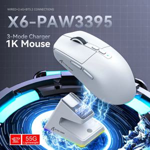X6 블루투스 게이밍 마우스, PAW3395, 트라이 모드 연결, RGB 터치 마그네틱 충전 베이스, 매크로 마우스