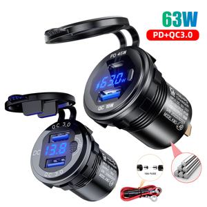 알루미늄 63W PD & QC 3.0 듀얼 USB 차량용 충전기 소켓 12V/24V 전원 콘센트 어댑터 충전 어댑터 방수 고속 충전 포트
