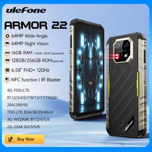 Ulefone Armor 22 견고한 휴대전화, 16GB(8GB+8GB) RAM, 128GB/256GB ROM, Android 13 스마트폰, NFC 64MP 야간 투시 4G 모바일 전화