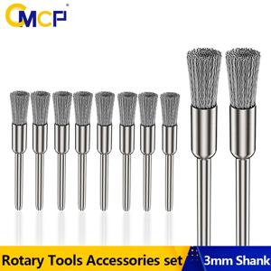 CMCP 스틸 와이어 휠 브러시 세트 Dremel 로타리 도구 용 3.0mm 생크 Metalwokring 연마 도구 Processin 용 연마 도구 브러시