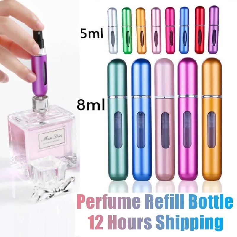 8ml/5ml 향수 분무기 화장품 여행용 휴대용 액체 용기 미니 알루미늄 스프레이 Alcochol 빈 리필 용 병