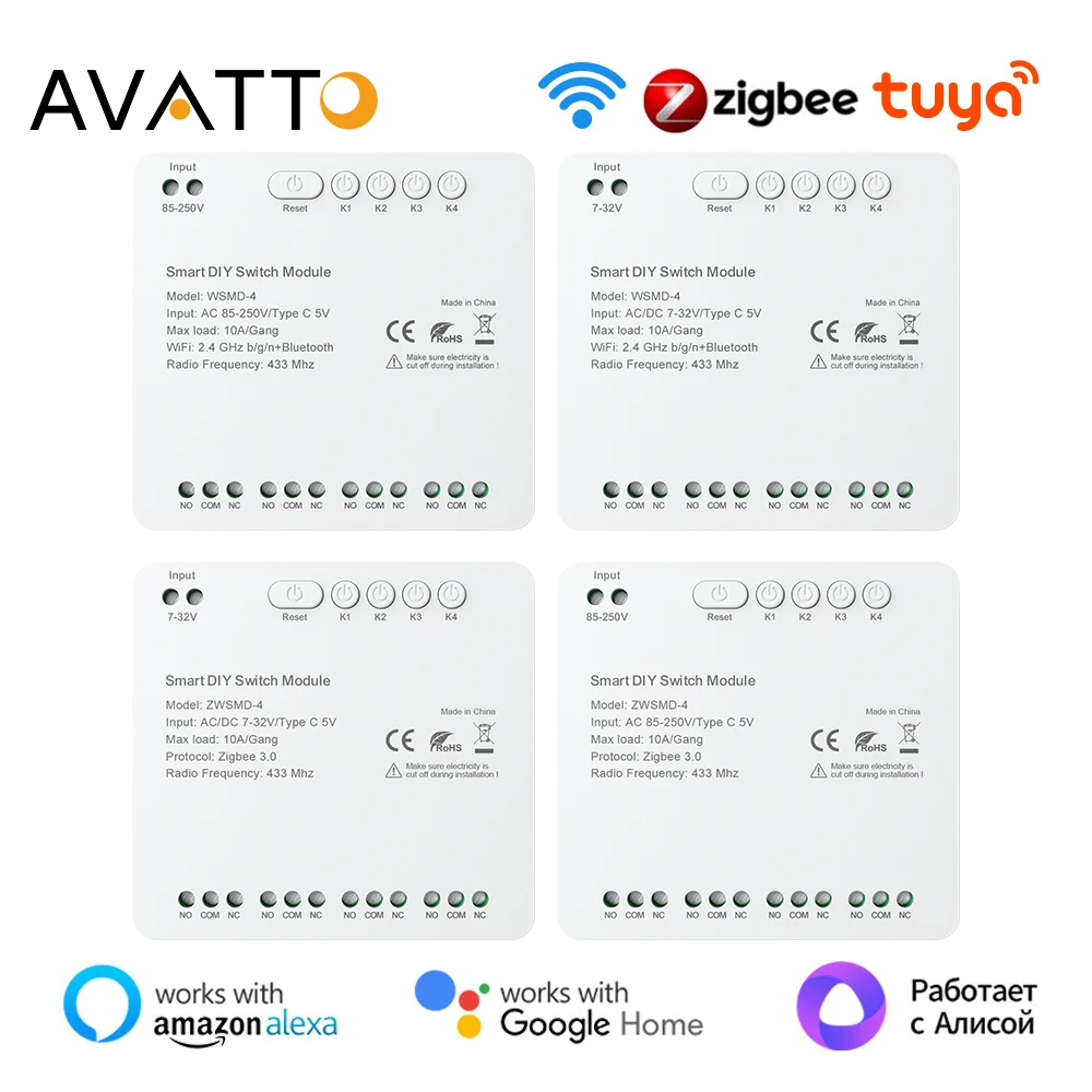 AVATTO Tuya WiFi/ZigBee 4 채널 스위치 모듈, 7-32V/85-250V RF433 원격 제어 릴레이 DIY 모듈, Alexa,Google Home,Alice 용