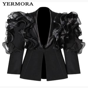 YERMORA 여성용 스플라이싱 메쉬 러플 캐주얼 블레이저, 라펠 긴팔 패션, 타이드 루즈핏 재킷, 용수철 가을, 2025 신상 A165