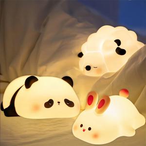 LED 야간 조명 귀여운 양 팬더 토끼 실리콘 램프 USB 충전식 타이밍 침대 옆 장식 어린이 아기 야간 조명 생일 선물