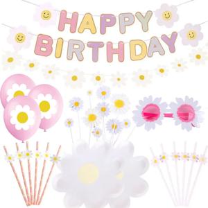 아이들을위한 데이지 생일 파티 장식 생일 축하 배너 데이지 꽃 접시 빨대 베이비 샤워 첫 번째 생일 파티 장식