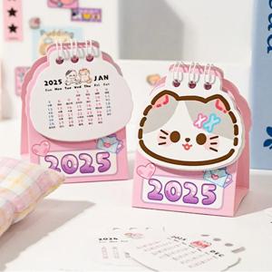 미니 휴대용 2025 책상 달력, 귀여운 만화 고양이 모양 달력 코일 플래너, 할 일 목록, 일상 정리함 사무실 학교 용품