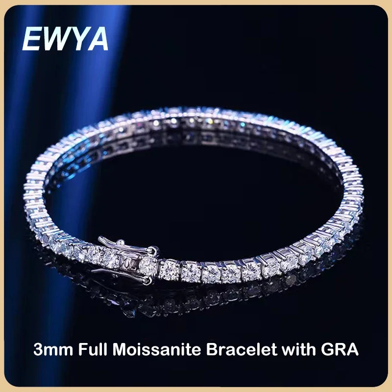 EWYA 925 스털링 실버 Moissanite 팔찌 0.1ct 3mm D VVS1 다이아몬드 여성용 GRA 스파클링 웨딩 파티 파인 쥬얼리
