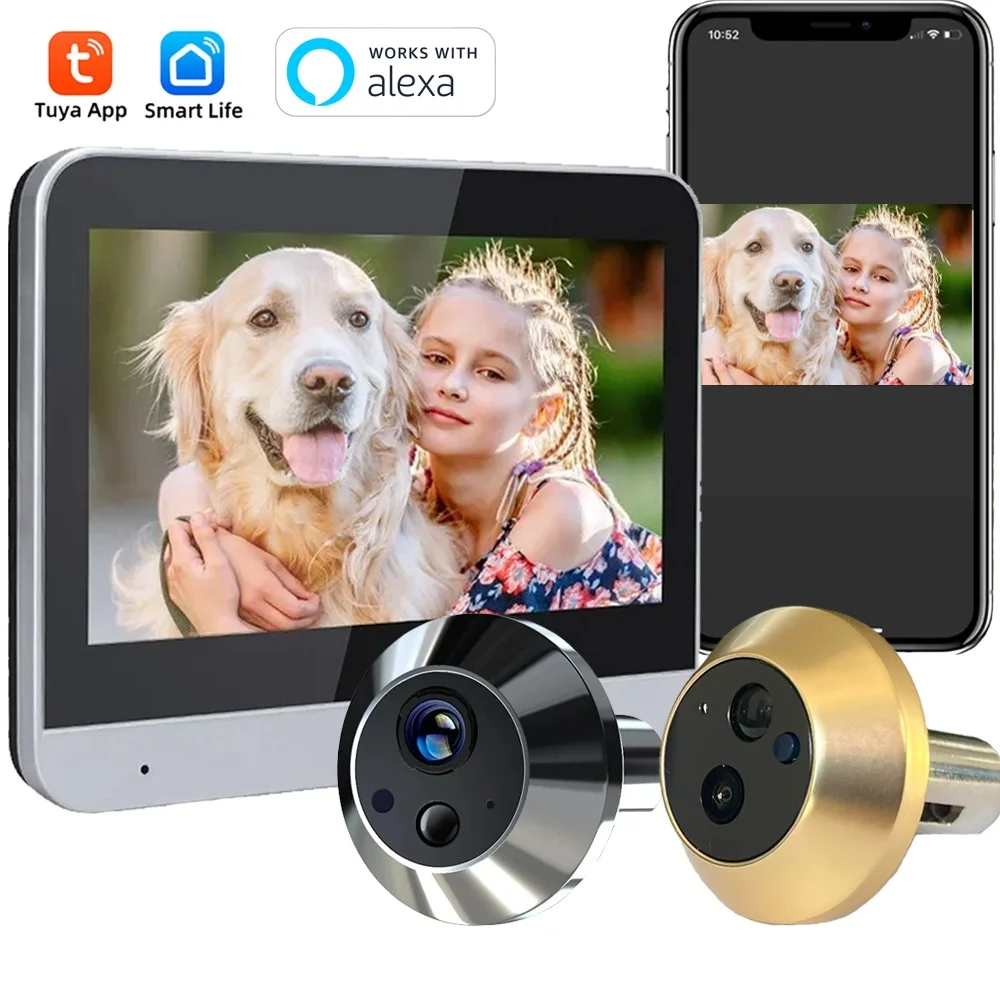 Tuya 스마트 3MP WiFi 틈 구멍 비디오 도어 카메라 보안 단방향 오디오 야간 투시경 4.3' HD 비디오 도어 카메라