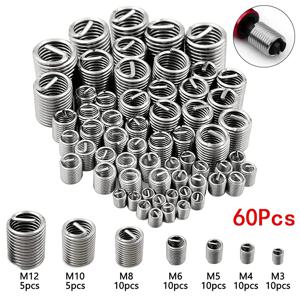 60Pcs 와이어 스레드 삽입 M3 M4 M5 M6 M8 M10 M12 고정 스레드 삽입 스테인레스 스틸 나선형 와이어 나사 슬리브 마모 수리 키트