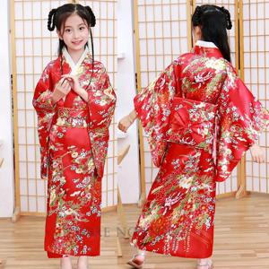 일본 전통 유카타 어린이 소녀 노벨티, 내셔널 원피스 새틴, 오비 퍼포먼스 코스튬, 럭셔리 오리엔탈 목욕 가운