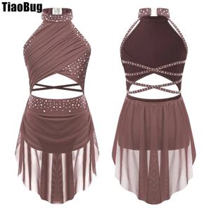 키즈 소녀 서정적 댄스 레오타드 드레스 윤기 나는 라인 석 컷 아웃 Strappy Backless Leotard Sheer Mesh Overlay Performance Dress