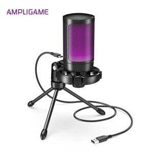 라이트 터치 음소거 기능이 있는 AmpliGame RGB USB 게임용 마이크, PC, PS4/5, 노트북 스트리밍-A2용 삼각대가 있는 콘덴서 마이크