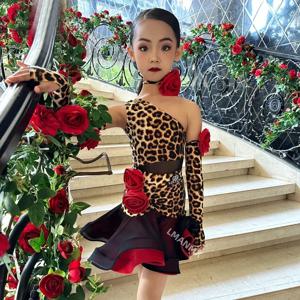 여아용 라틴 퍼포먼스 댄스 원피스, 원 숄더 레오파드 라틴 댄스 원피스, 라틴 전문 원피스 살사 웨어