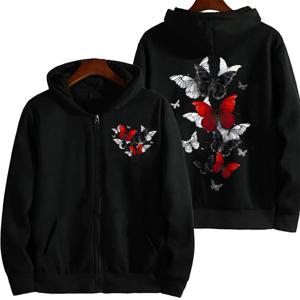 여자 지퍼 까마귀 스웨터 검정과 빨강 나비 그래픽 옷 꽃 애니메이션 미적 지퍼 업 Sportwear 의류