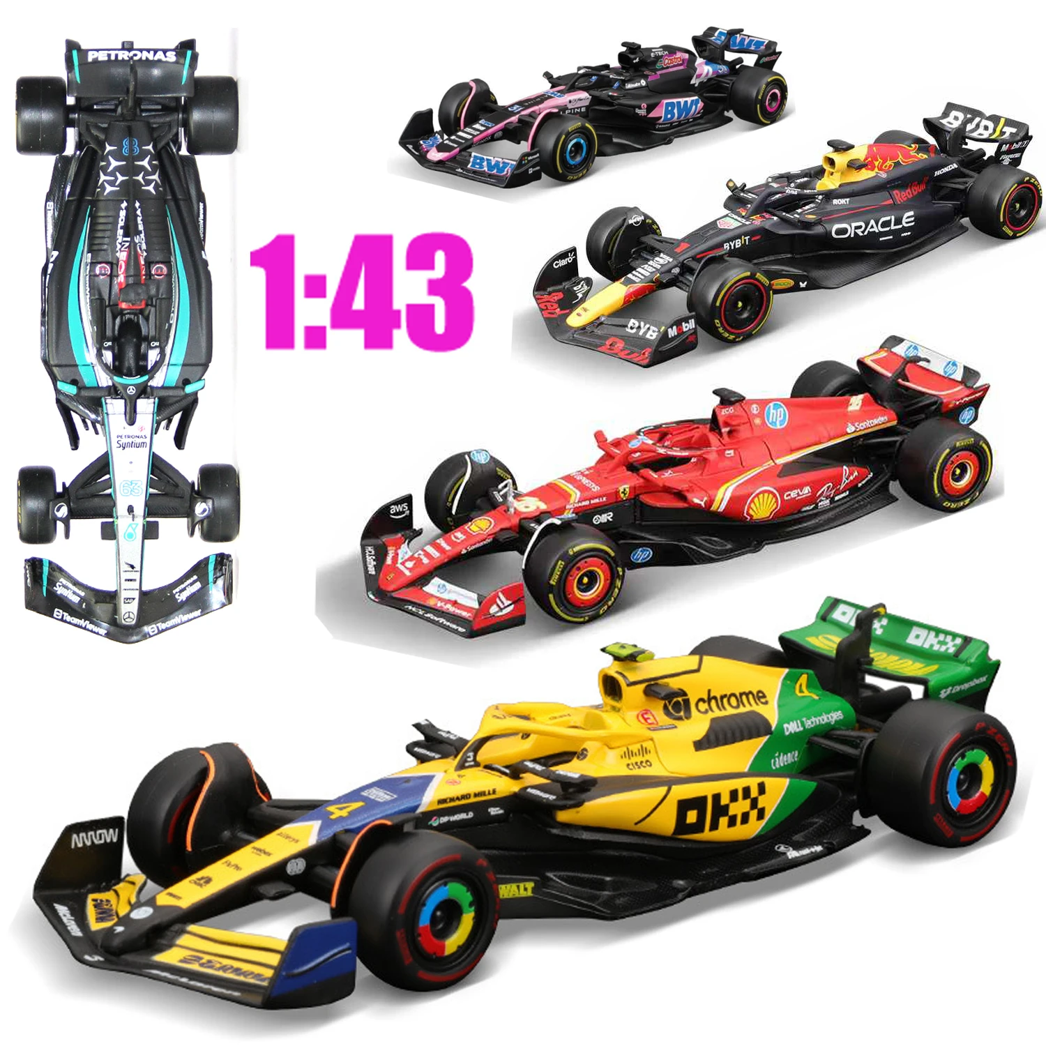 부라고 1:43 F1 2023/2024 페라리 SF24 # 16 모델 Spielzeug Sammlung W15 NO44 메르세데스-AMG 모델 자동차 F1 레드불 1/43 맥라렌