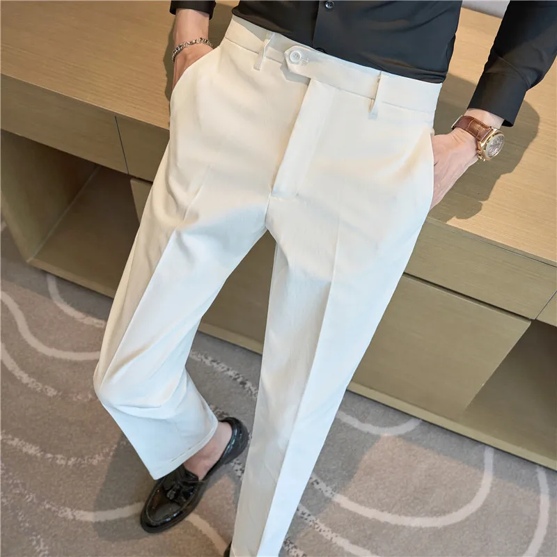 남성 정장 바지 2024 탄성 슬림 피트 정장 드레스 바지 솔리드 캐주얼 화이트 바지 Pantalon Homme 웨딩 파티 남성 의류