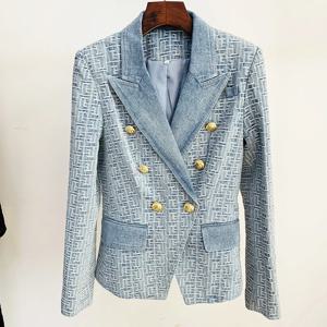 HIGH STREET 최신 2024 디자이너 자켓 여성용 더블 브레스트 라이온 버튼 모노그램 자카드 데님 블레이저