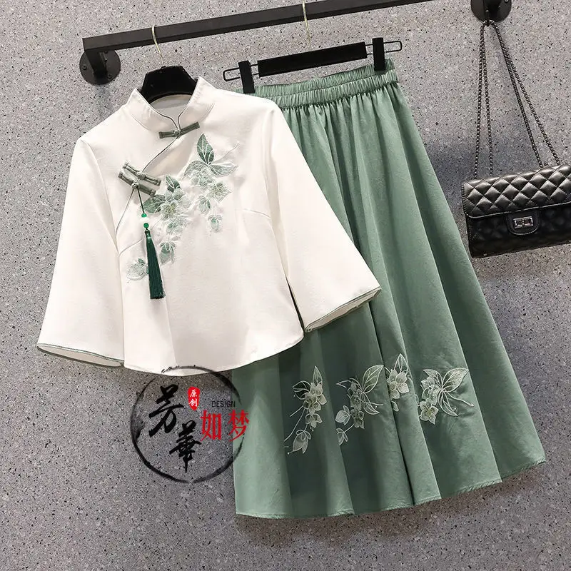 특대 여성 여름 나비 달콤한 중국어 정장 수 놓은 탑 정장 Hanfu 블라우스 스커트 투피스 세트 대형 Cheongsam