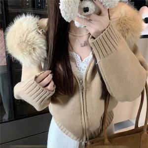 플러스 사이즈 모피 칼라가있는 게으른 긴 소매 니트 카디건 코트 루즈 피트 지퍼 새로운 가을 겨울 플러스 사이즈 니트웨어 for Heavy Sister