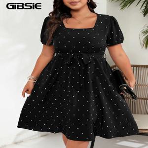 GIBSIE 플러스 사이즈 스퀘어 넥 폴카 도트 벨트 원피스 여성, 우아한 레트로 퍼프 소매, 하이 웨이스트, A 라인 빅 스윙 드레스, 여름